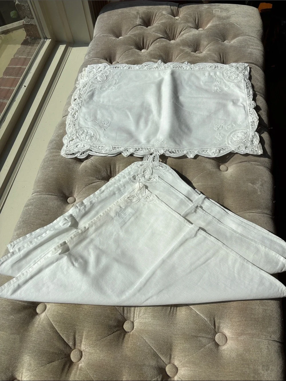 Battenburg, cotton and lace, placemats and napkins